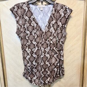 Michael Kors Gold Side Zippers Brown Tan Snake Ruched Cross Front Shirt